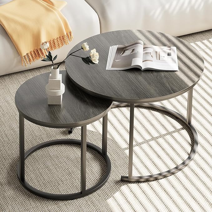 Garden 4 you Nesting Coffee Table, 23.6" Round Coffee Table Set of 2, Wooden Nesting Table Set with Metal Frame, Side Tables for Living Room Bedroom Balcony, Grey