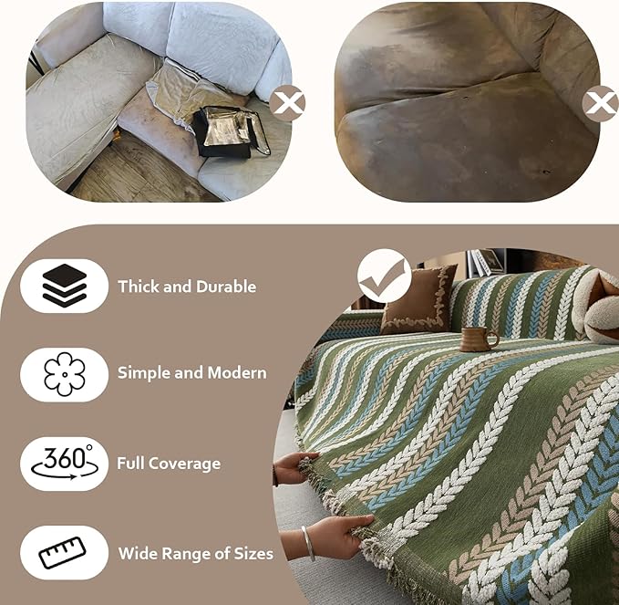 STACYPIK Thick Jacquard Green Couch Cover, Washable Sofa Cover for 3 Cushion Couch, Washable Chenille Couch Cover Blanket, Multi-use Sofa Protector Slipcover, Furniture Protector Pet-Friendly-71X134IN