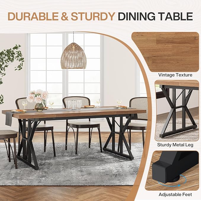 Tribesigns Farmhouse Dining Table for 6 People, 70.8-Inch Rectangular Wood Dining Table, Rustic Kitchen Table with Heavy Duty Metal Legs for Dining Room (Light Brown, 70.8 Inch)