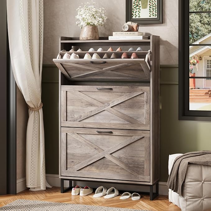 Maupvit Shoe Storage Cabinet with 3 Flip Drawers, Freestanding Organizer with Metal Legs for Entryway, Narrow Shoe Rack Cabinet, Washed Gray
