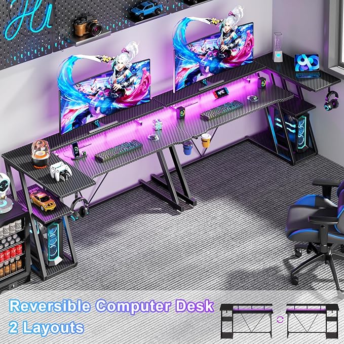 55 Inch Gaming Desk with Power Outlet & LED Lights, L Shaped Gamer Computer Table with Storage Shelves for Bedroom, Corner Home Office Desk, Carbon Fiber Black