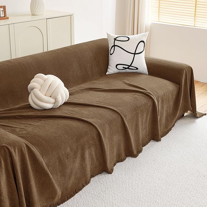 hyha Couch Cover for Dogs, Boho Sofa Covers for 3 Cushion Couch Washable, Chenille Sofa Slipcover for Pets, Soft Loveseat Sectional Couch Throw Blankets with Tassels (Chocolate, 71x134 Inch)