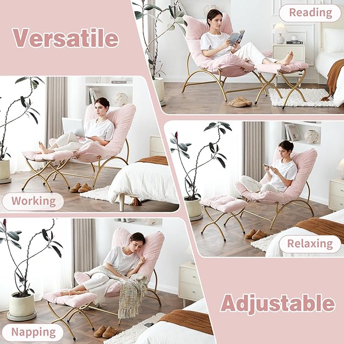 Welnow Accent Chair with Ottoman, Lounge Comfy Soft Leisure Metal Frame Reading Chair with Footrest, Upholstered Thick Cushion Seated Recliner Sofa for Living Room, Bedroom, Dorm, Pink