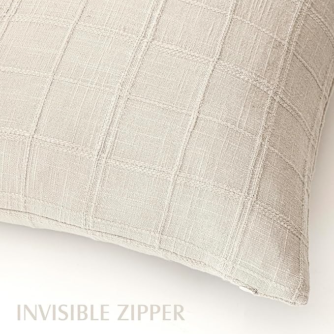 Foindtower Set of 2 Decorative Linen Check Throw Pillow Covers Neutral Farmhouse Vintage Cushion Covers Modern Boho Home Decor For Sofa Chair Couch Bedroom Living Room Outdoor,20×20 Inch,Natural Beige