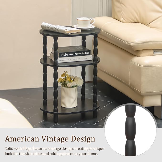 MaxSmeo Black Side Table, 3-Tier Small Oval End Table, Modern Night Stand Wood Accent Table for Living Room, Bedroom, Black