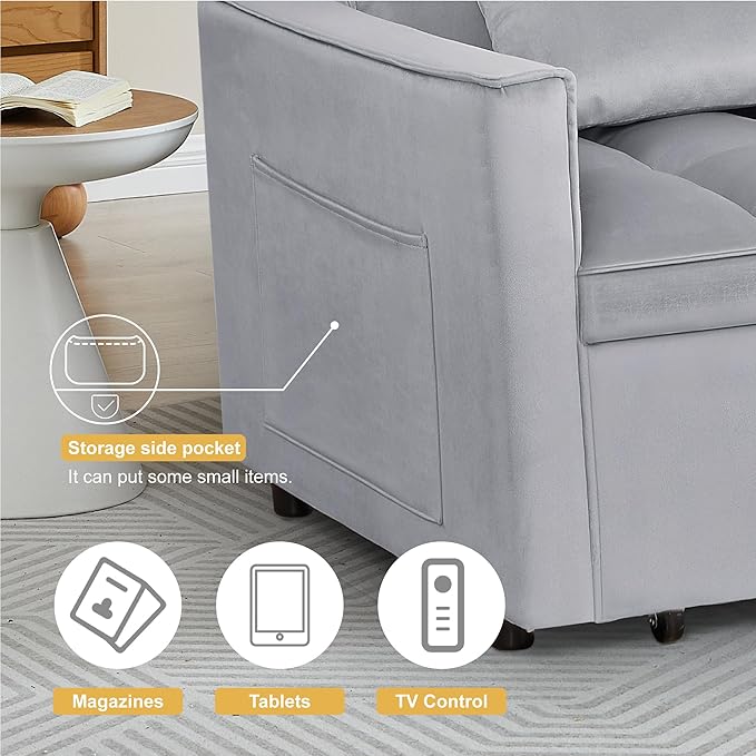 3 in1 Sofa Bed, Pull-Out Sleeper Sofa Bed with 3-Level Adjustable Backrest, Velvet Fabric Convertible Love Seat Sleepers Beds for Living Room & Bedroom & Apartment, Gray