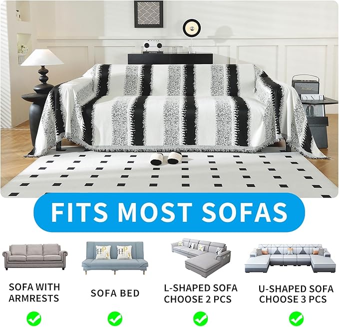 LUFEIJIASHI Boho Couch Covers for Sofa Non Slip Sofa Covers Washable Couch Covers for 3 Cushion Couch Sofa Pet Friendly Sectional Couch Cover Blanket Furniture Protector for Dogs (Black, 91"x118")