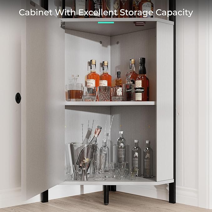 63” Tall Corner Bar Cabinet, Farmhouse Liquor Cabinet with Wine Rack (Holds 50+ Bottles), Glass Holder, Adjustable Shelves & Barn Door, Home Bar for Living Room/Kitchen, Ivory White