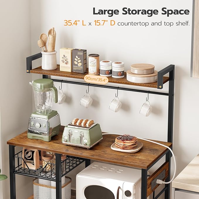 HOOBRO Bakers Rack with Power Outlet, 35.4 Inches Coffee Bar with Mesh Basket, Microwave Stand with 4 S-Shaped Hooks, Kitchen Bakers Rack with Storage, Easy to Assemble, Rustic Brown BF05HB01