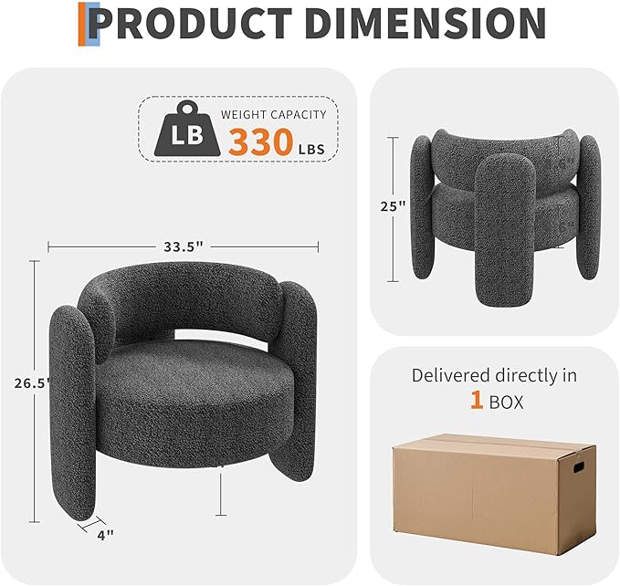 Modern Chenille Accent Armchair， Mid-Century Upholstery, Round Corners for Living Room, Bedroom, Office, or Cafe，Grey