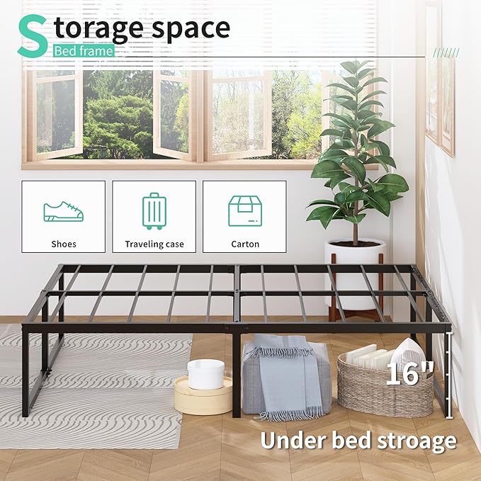 18 Inch King Bed Frame with Storage Bed Cover Skirt, Heavy Duty Metal Full Platform Bed Frame No Box Spring Needed, Easy Assembly, Noise Free, Black and Blue