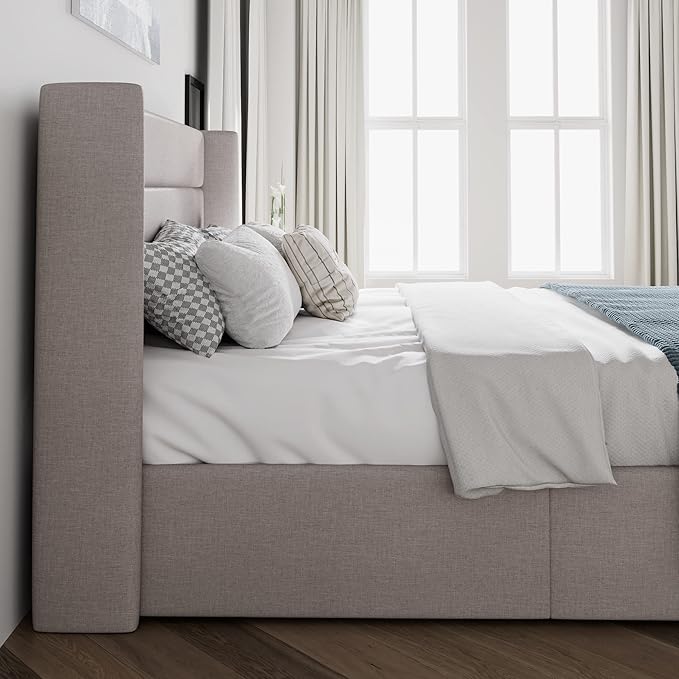SHA CERLIN King Size Lift Up Storage Bed/Modern Wingback Headboard/Upholstered Platform Bed Frame/Hydraulic Storage/No Box Spring Needed/Wood Slats Support/Light Beige