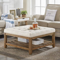 24KF Large Square Upholstered Tufted Linen Ottoman Coffee Table, Large Footrest Ottoman with Solid Wood Shelf-Ivory