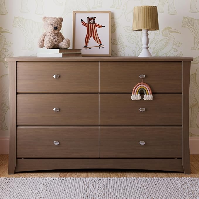 Storkcraft Crescent 6 Drawer Double Dresser (Hazelnut) – GREENGUARD Gold Certified, Nursery Dresser for Kids Bedroom