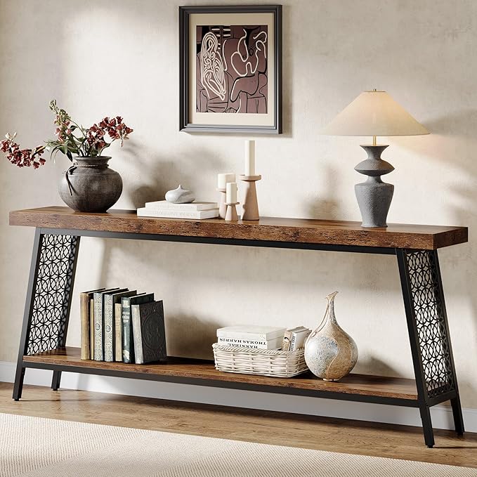 Tribesigns 70.9" Extra Long Console Table, 2-Tier Sofa Table with Storage, Industrial Entryway Table Behind Couch, Narrow Entrance Table for Hallway, Living Room, Rustic Brown