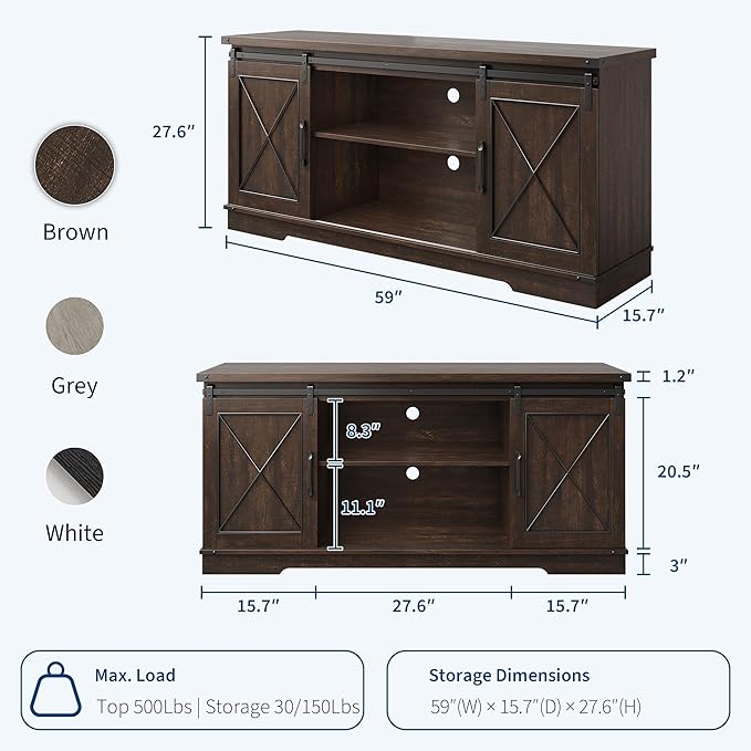 GarveeHome Farmhouse TV Stand for TV up to 65 Inches and Entertainment Center with Sliding Barn Doors and Adjustable Shelf, Tv Media Console Table with Storage Cabinet for Living Room, Bedroom, Brown
