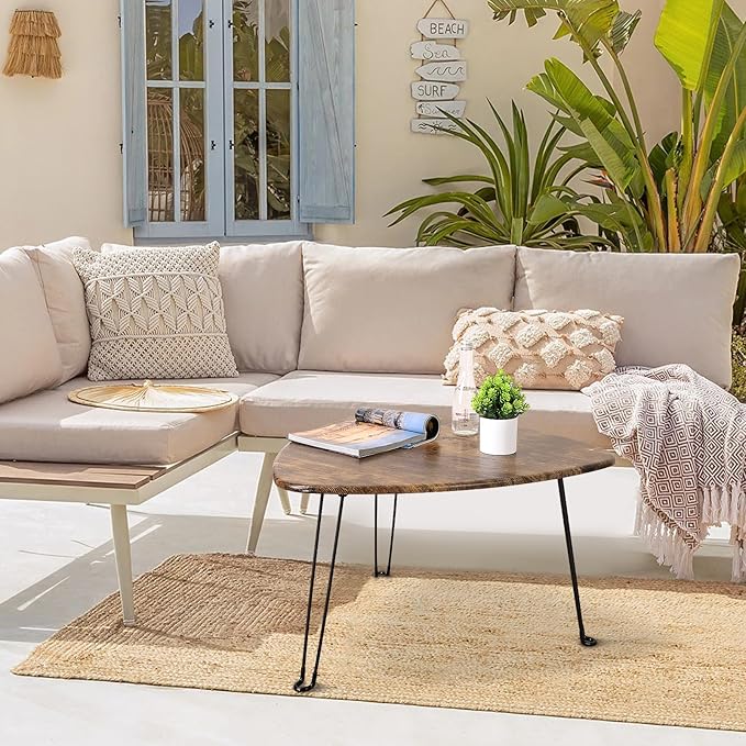 Folding Coffee Table Triangle Designs Oval Coffee Tables Mid Century Wooden Triangular Accent Table with Metal Legs Foldable Industrial Sofa Center Table for Living Room Space Saving