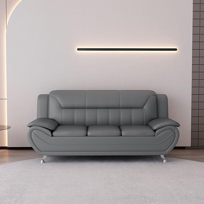 Container Furniture Direct Michael Modern Faux Leather Upholstered Stainless Steel Legs Living Room Sofa, Loveseat, Sleek Gray