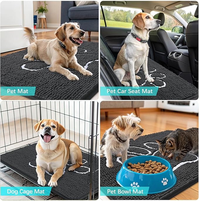 OLANLY Door Mat for Muddy Dog Paws 70x46, Ultra Absorbent Chenille Mud Doormat with Paw Print Design, Non-Slip Washable Doormat for Indoor Entryway, Quick-Dry Pet Bed Mats for Dirty Dogs, Dark Grey