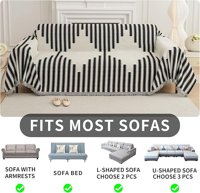 HAOMAIJIA Boho Sofa Covers for 3 Cushion Couch - Pet Friendly Soft Thick Non Slip Cover for Dogs - Washable Sectional L Shape Furniture Protector (Black, 71"x118")