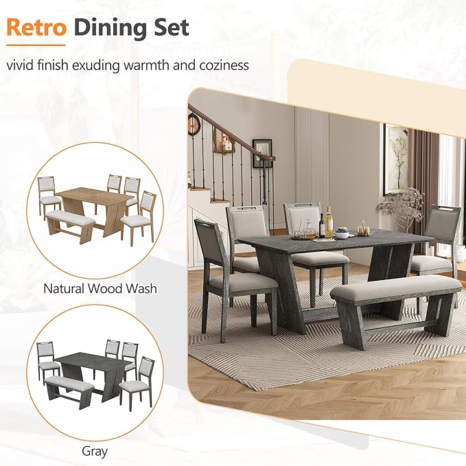 Ball & Cast 6-Piece Dining Table Set for 6 People, 60" Wood Dining Kitchen Table & Chairs Set, Rectangular Dining Room Table with Trapezoidal Base,4 Upholstered Chairs & 1 Bench, Kitchen, Gray