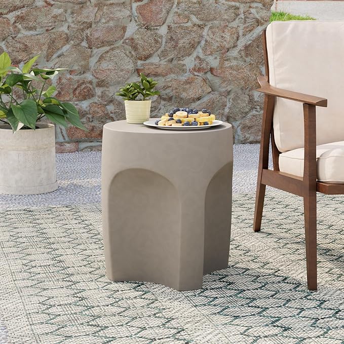 COSIEST Concrete Side Table Drum Shape,17''H Outdoor Side Table, Patio Accent Table Cement End Tables, Garden Decorative Stool, Plant Stand Drum Table, Grey