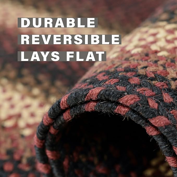 Prescott Oval Braided Rug 20x30 - Black and Burgundy Jute Braided Oval Rug for Kitchen and Entryway
