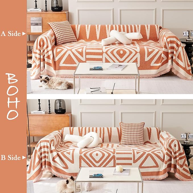 HANDONTIME Orange Sofa Covers for Loveseat & Couch - Soft Chenille, 3 Cushion, Boho Style, Pet-Friendly, Thick & Washable, 91" X150