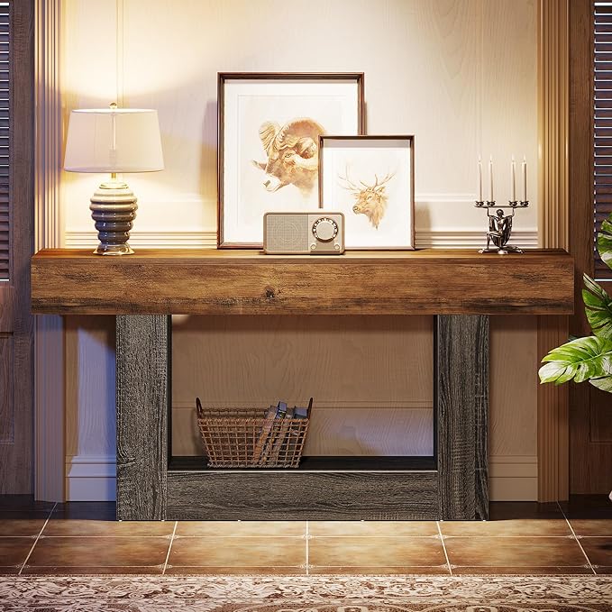 Tribesigns 63" Console Table, Farmhouse 2-Tier Entryway Table with U-Shaped Base, Narrow Long Wood Sofa Table Behind Couch Table for Living Room, Hallway, Foyer, Vintage Brown & Gray