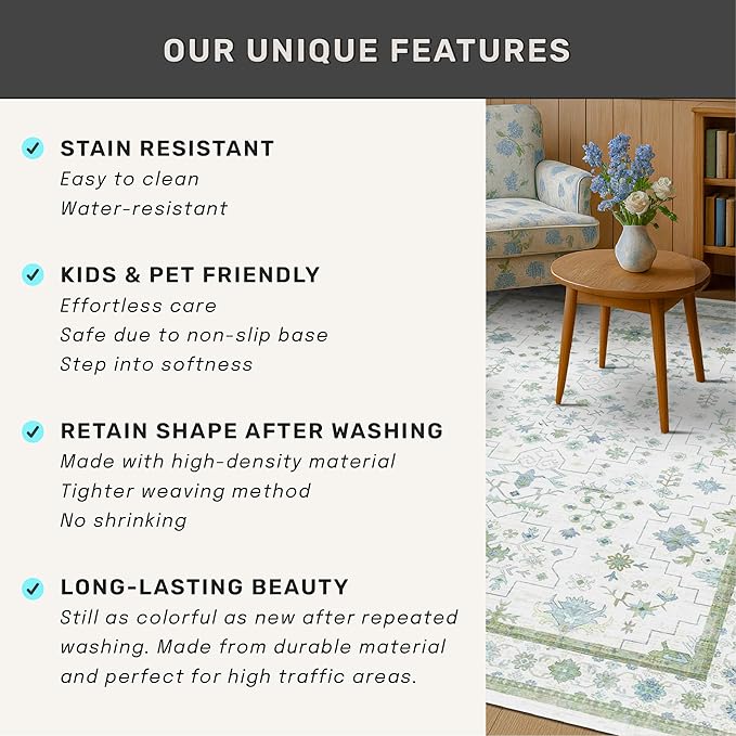Cream Oushak 6x9 Bedroom Rug - Boho Floral Cool Blue and Green, Washable Low Pile Non-Slip Ultra-Thin Large Area Rugs for Bed Room, Living Room, Playroom