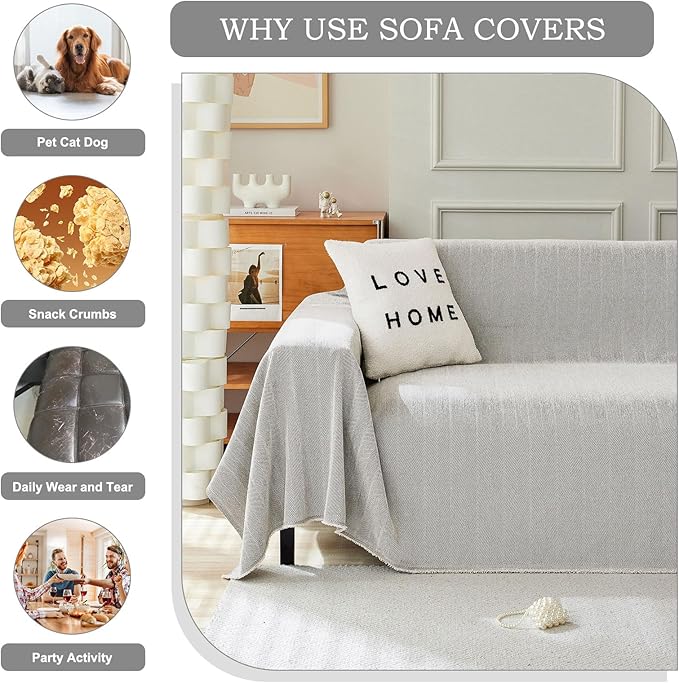 STACYPIK Silver Gray Chenille Sofa Cover for Dogs, Jacquard Multi-Use Couch Covers, Pet Protector for 2 Cushion Couch with Tassel, Washable Loveseat Cover for Sectional, L Shaped Couch Cover-71X118IN