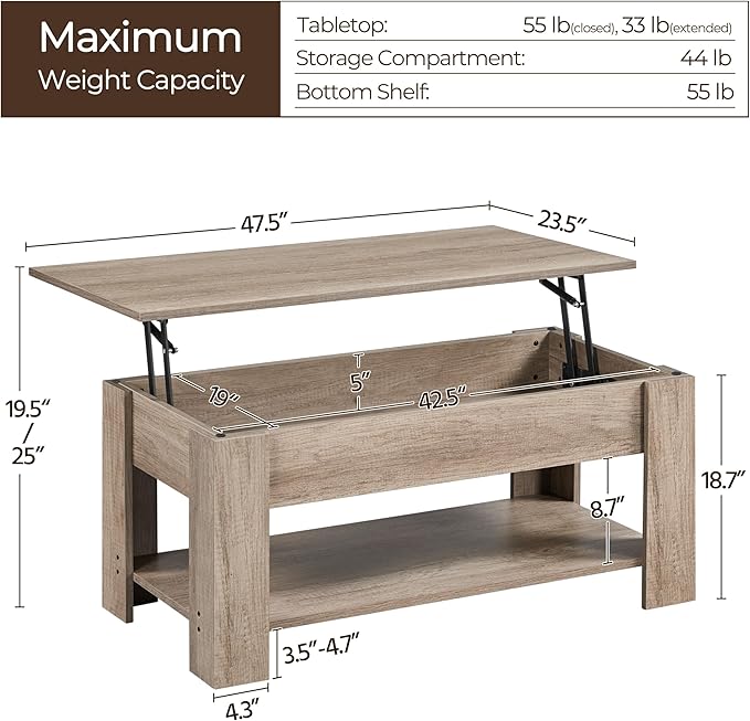 Yaheetech Lift Top Coffee Table with Hidden Compartment and Storage Shelf, Rising Tabletop Dining Table for Living Room Reception Room, 38.6in L, Grey