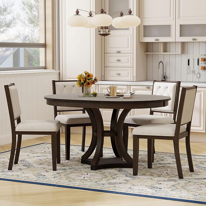 Ball & Cast Retro Dining Table Set for 4 with 4 Upholstered Chairs,5-Piece Wooden Living Room Furniture W/ 42" Round Extendable Kitchen Desk,for Small Space,Apartment,Dining Room,Espresso