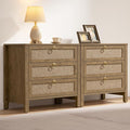 SICOTAS Nightstand Set 2 with Drawers - Large Rattan Bedside Table with Golden Handle, 3 Drawers Night Stand Tall End Table 26.78" Wide Side Table Boho Nightstand for Bedroom
