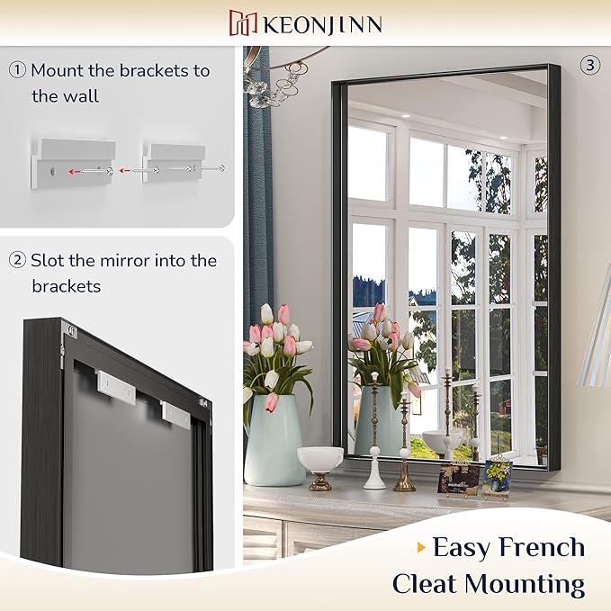 Keonjinn Black Bathroom Mirror 22 x 30 Inch, Brushed Black Framed Mirror for Over Sink, Rectangle Wall Vanity Mirror with Square Corner, Alumium Frame