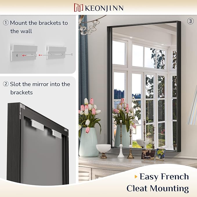 Keonjinn Black Framed Mirror for Bathroom 48 x 30 Inch Large Matte Black Bathroom Mirror Rectangle Wall Mirror Square Corner Metal Frame Farmhouse Bathroom Mirror for Over Sink(Horizontal/Vertical)