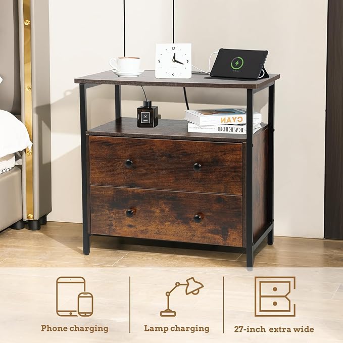 27 inch Wide Nightstand with Charging Station, Bedside Table with Open Shelf, 2 Drawers Small Wood Dresser, End Side Table for Bedroom (Rustic Brown)