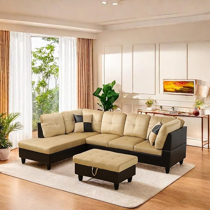 L Shaped Sectional Sofa with Ottoman, Color Blocking Flannel Leather Right Facing Modern Couches for Living Room, Bedroom, Office, Ginger Leather
