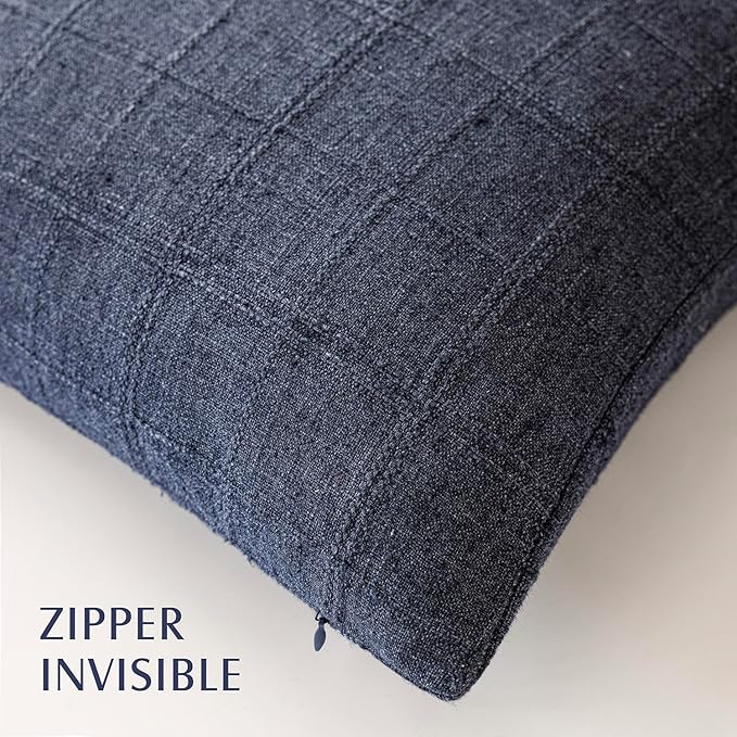 Foindtower Set of 2 Decorative Linen Check Throw Pillow Covers Neutral Farmhouse Lumbar Cushion Covers Modern Boho Home Decor for Sofa Chair Couch Bedroom Living Room Outdoor,12×20 Inch,Navy Blue
