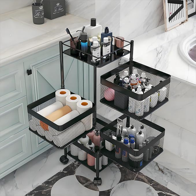 Rotating Kitchen Storage Rack，Bathroom Shelf，Kitchen Organization and Storage，Bathroom Storage Organizer，Fruit Basket，Rolling Carts with Wheels(Black, 4 Tier-Square)
