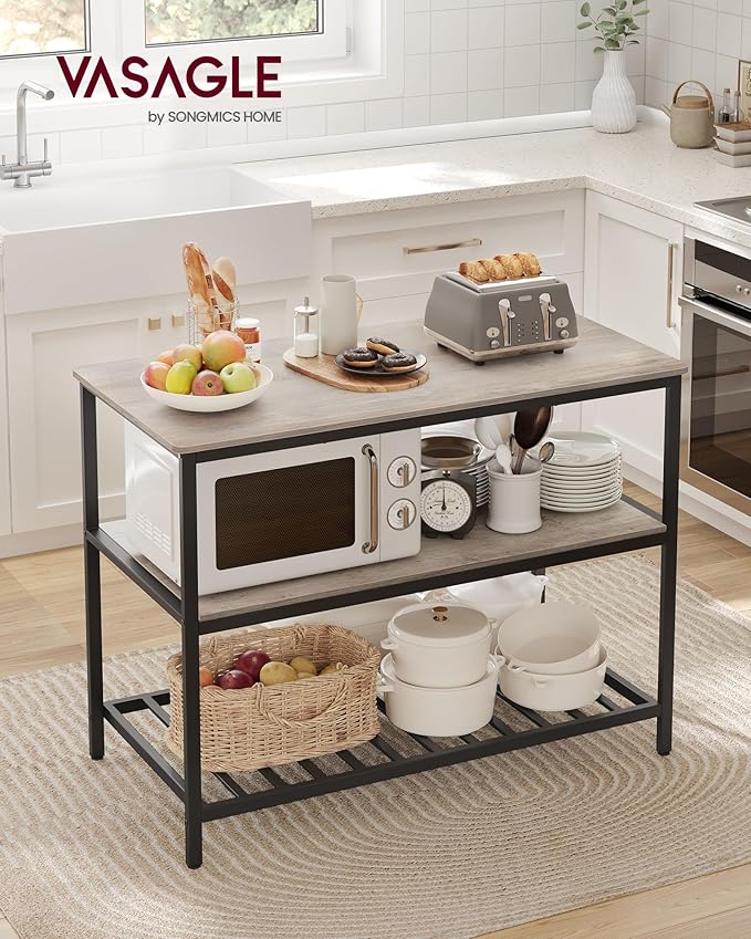 VASAGLE Kitchen Island with 3 Shelves, 47.2 Inches Width Kitchen Shelf with Large Worktop, Stable Steel Structure, Industrial, Easy to Assemble, Greige and Black UKKI001B02