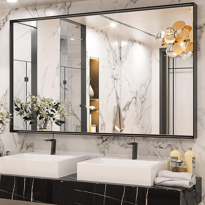 Keonjinn 60 x 36 Inch Black Bathroom Mirrors for Over Sink, Large Metal Framed Rectangle Vanity Mirror for Wall, Matte Black, Square Corner, Oversized, Sturdy & Solid(Horizontal/Vertical)