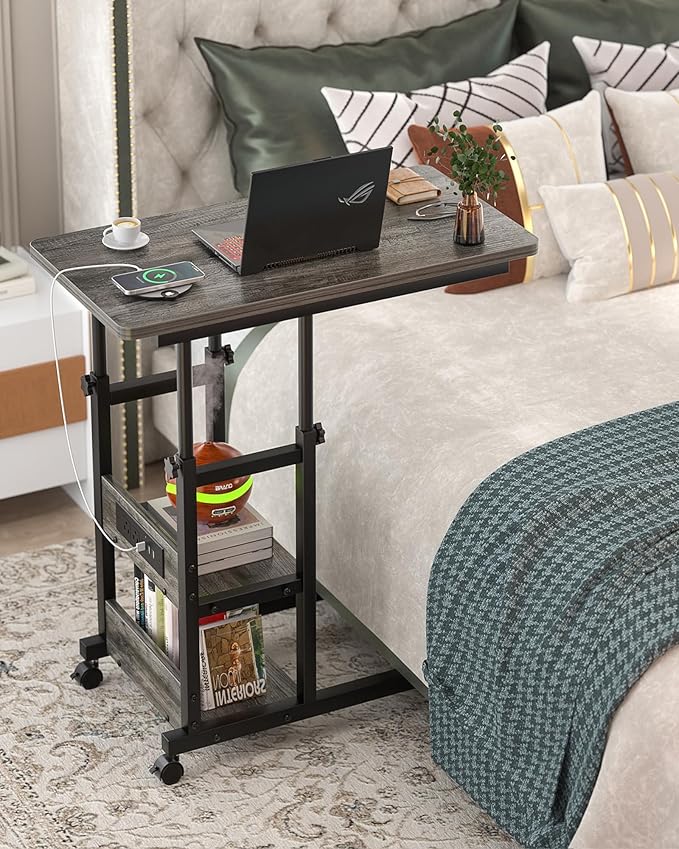 Height Adjustable End Table with Charging Station, Mobile C Shaped Laptop Side Table with Wheels, 3-Tier Sofa Couch Table with Storage Shelve for Living Room Bedroom, Grey Oak