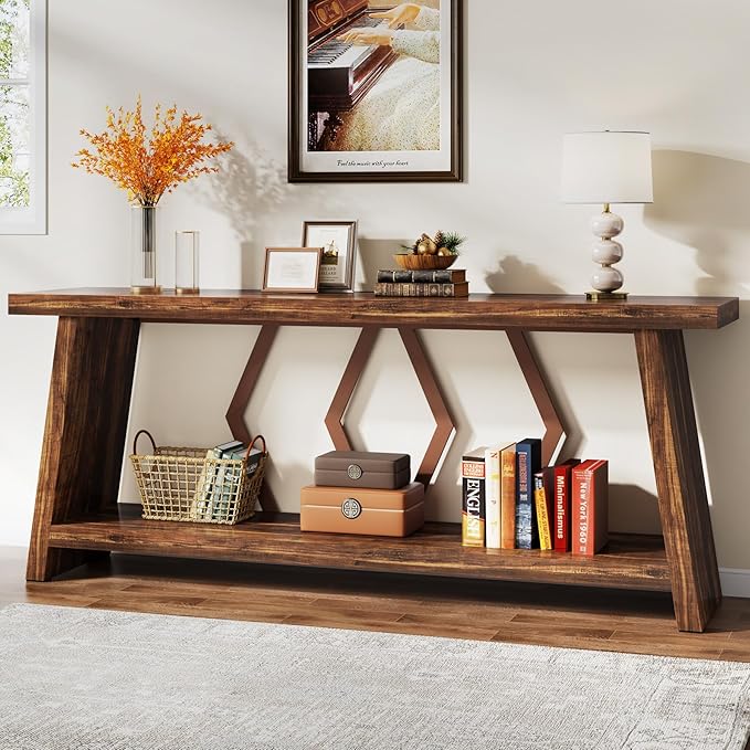 Tribesigns 70.86-Inch Farmhouse Console Table, Industrial Narrow Long Sofa Entryway Table with Storage, 2-Tier Wood Couch Foyer Accent Table for Living Room, Hallway, Entrance (Brown)