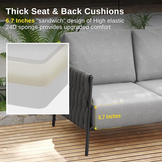 EAST OAK Life Chatter Patio Furniture Set, Outdoor Furniture Corner Sofa Set with Round Coffee Table, 5 Seats Sofa Deep Seating with Thick & Washable Cushions, Earth Black & Misty Grey