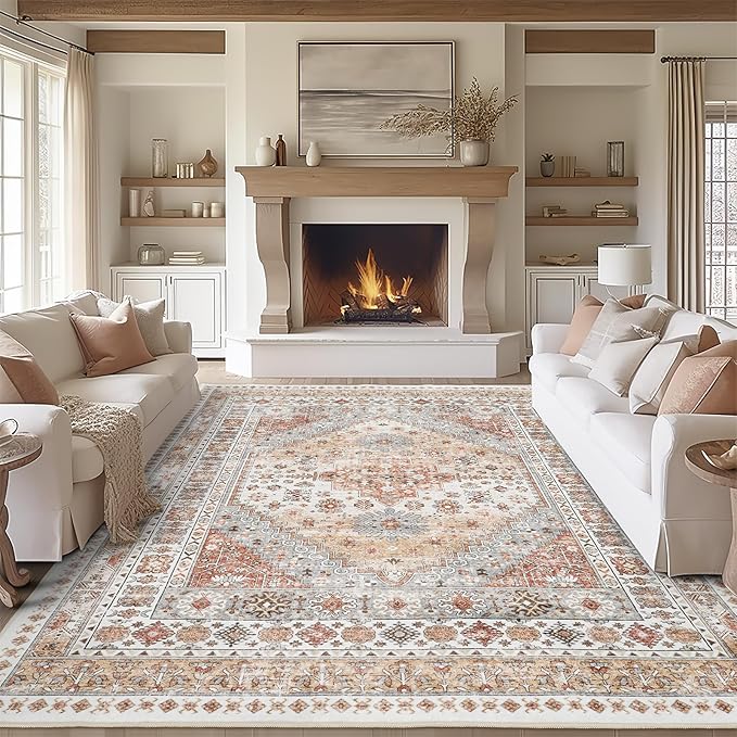 zesthome 7x9 Area Rug, Super Soft Washable Rugs for Living Room, Non-Slip Stain Resistant Vintage Rugs, Ultra-Thin Large Area Rugs (Orange,7'x9')