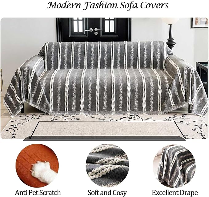 Couch Cover for Dogs Washable Sofa Cover, Sectional Couch Covers, Sofa Covers for 2 Cushion Couch, Non Slip Stripe Sofa Slipcovers Furniture Protector, Couch Protector from Cat Claws, Grey,71''x150''