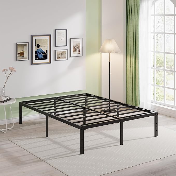 EMODA Queen Bed Frame No Box Spring Needed 18 Inch Heavy Duty Metal Tall Platform Bed Frame Queen Size with Large Storage Space, Easy Assembly, Black