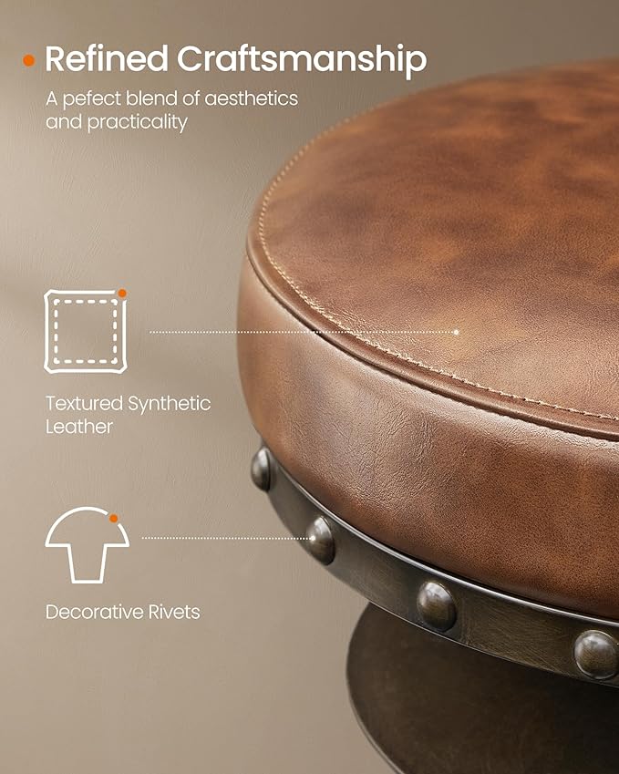 SONGMICS HOME Bar Stools, Set of 2, Steampunk Counter Stool for Kitchen, Adjustable Height and Swivel Padded Seat, Workbench Stool, 16.5 x 19.3 x 24.6-29.3 Inches, Caramel Brown ULJB096K01