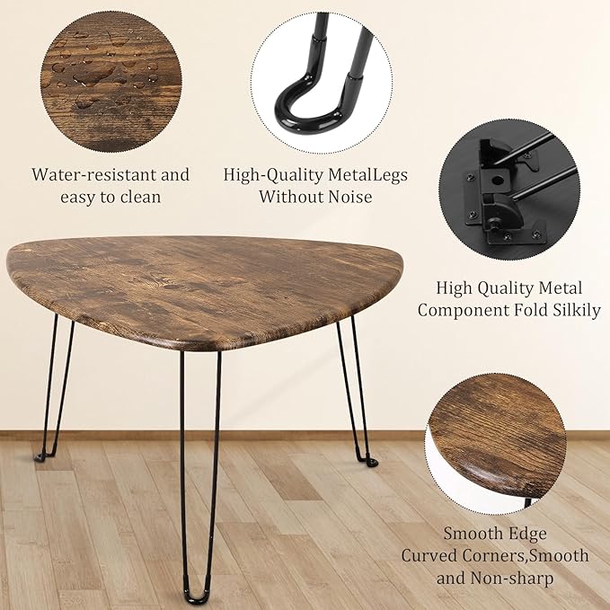 Folding Coffee Table Triangle Designs Oval Coffee Tables Mid Century Wooden Triangular Accent Table with Metal Legs Foldable Industrial Sofa Center Table for Living Room Space Saving
